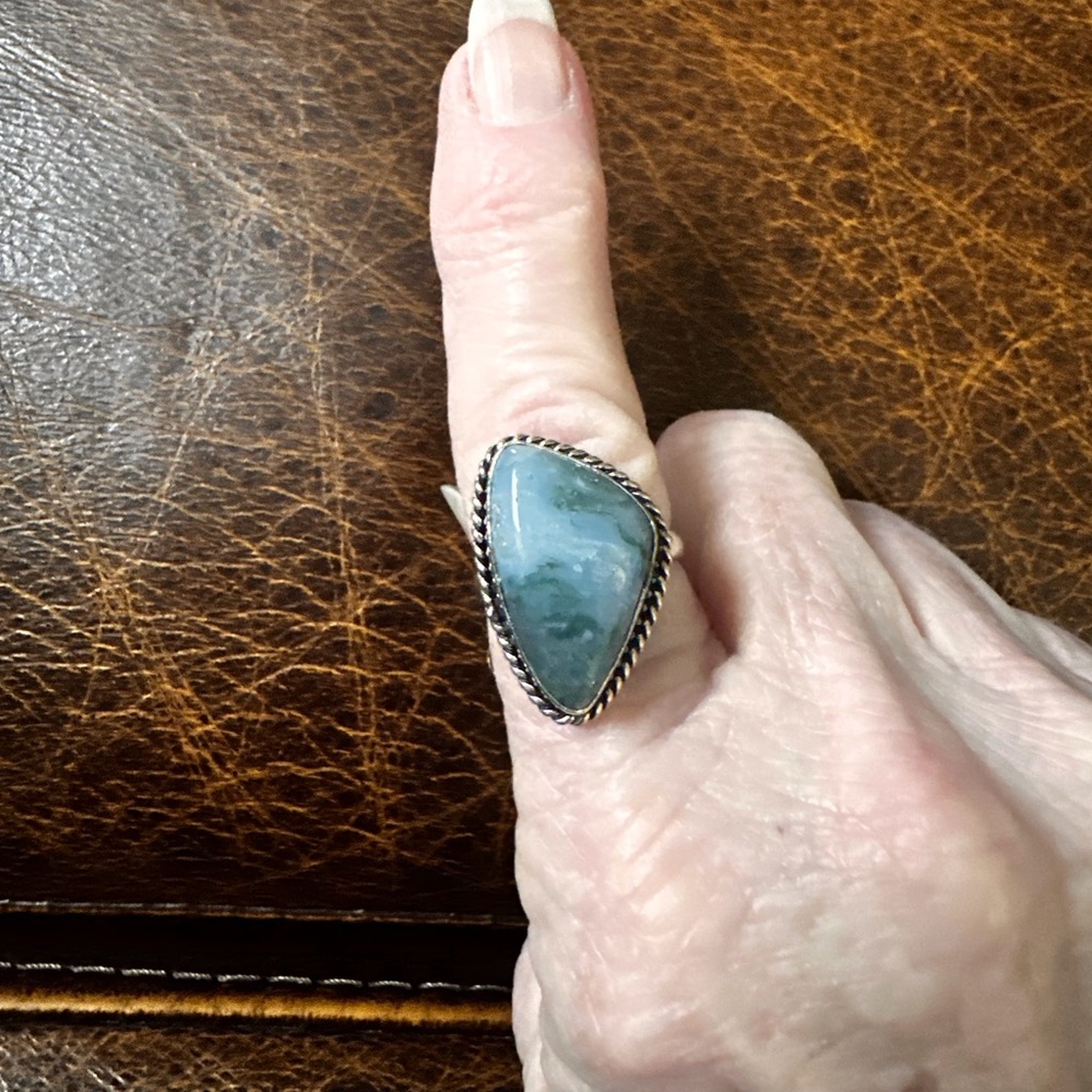 925 silver with blue gemstone Teardrop Ring with Braided Silver Border